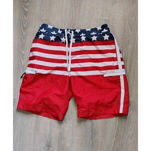 USA Red White and Blue Wave Zone Lined Swim Trunks Shorts Mens‎ Size L